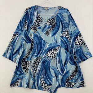 Seven Forty Two size XXL Blue Abstract Artsy Button Accents Stretch Knit Top